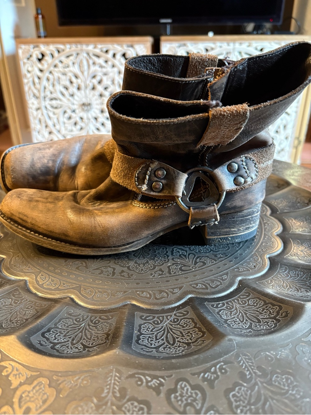 Women’s BedStu Brown Leather Harness Ankle Boots